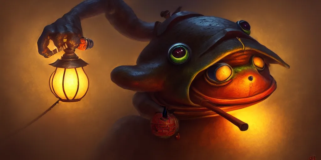 Image similar to a samurai mask frog holding a lamp in japanese village street by justin gerard, concept art, creature design, sharp focus, trending on artstation, hyper realism, 8 k, hyper detailed, ultra detailed, highly detailed,