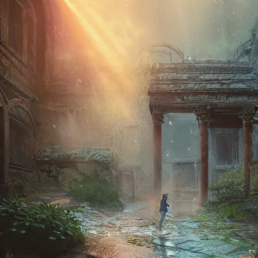 Image similar to ruins, beautiful, atmosphere, vibe, mist, rain, puddles, fern, flowers, concept art illustration, color page, tone mapping, akihiko yoshida, james jean, andrei riabovitchev, marc simonetti, digital illustration, greg rutowski, volumetric lighting, sunbeams, particles