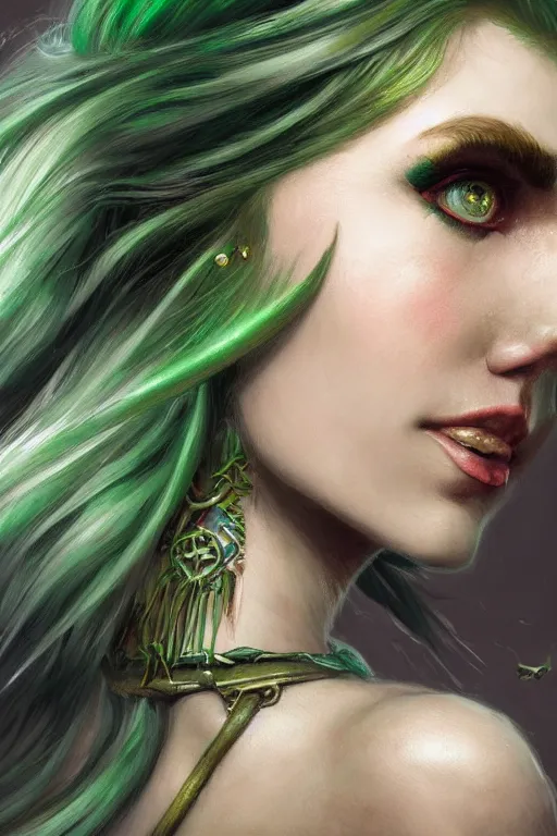 Image similar to closeup portrait shot of green hair tattooed pinup hannah murray, rogue bard, dnd, highly detailed, digital painting, artstation, concept art, soft focus, depth of field, artgerm, tomasz alen kopera, peter mohrbacher, donato giancola, wlop, boris vallejo