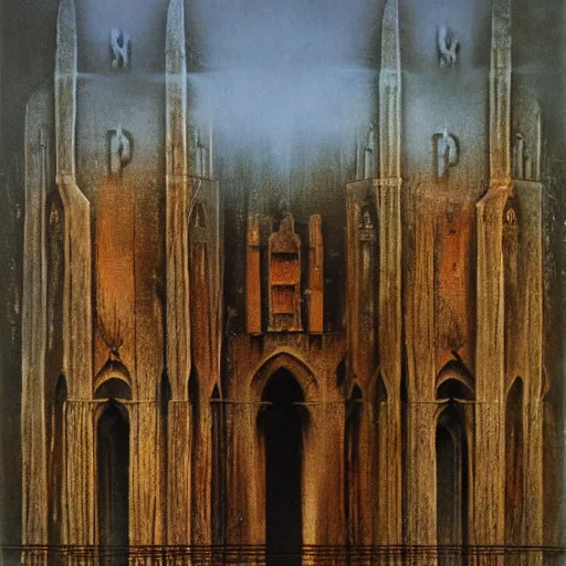 Image similar to explosion bridge, ruins, dark fantasy, arch bridge, neogothic architecture, symmetry, poster design, zdzisław beksiński, hr giger, occult mystical symbols in real life, high detail, blue fog