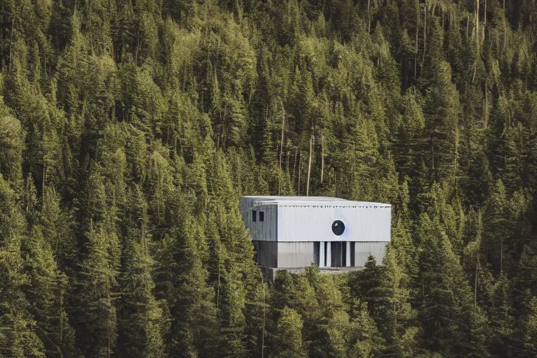 Image similar to sci fi nuclear containment buildings in a steep sided valley with trees, ufo flying around, a sense of hope and optimism, birds overhead, stark light, day time, unsplash, national geographic, hd, high res