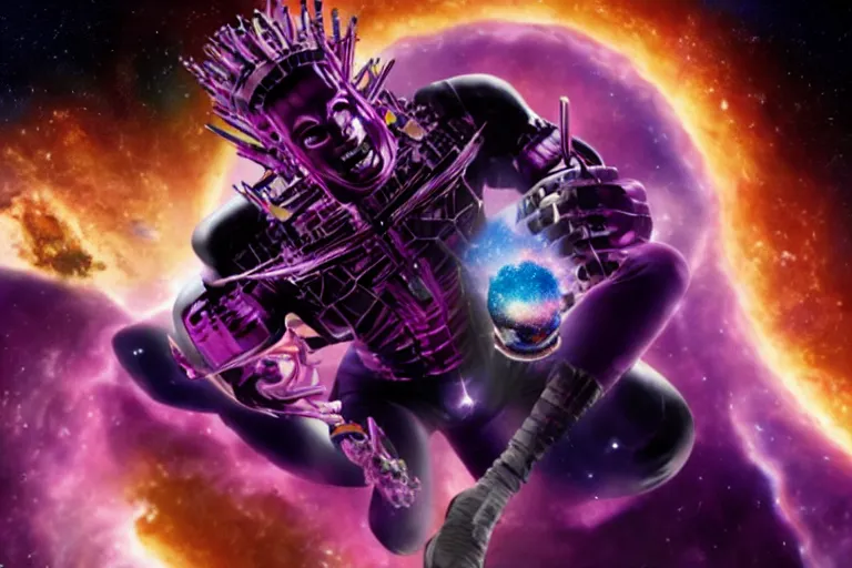 Image similar to a cinematic still of ((andy samberg)) ferociously eating a galaxy, galactus!!!!, masterpiece, (monster), (empty black void)