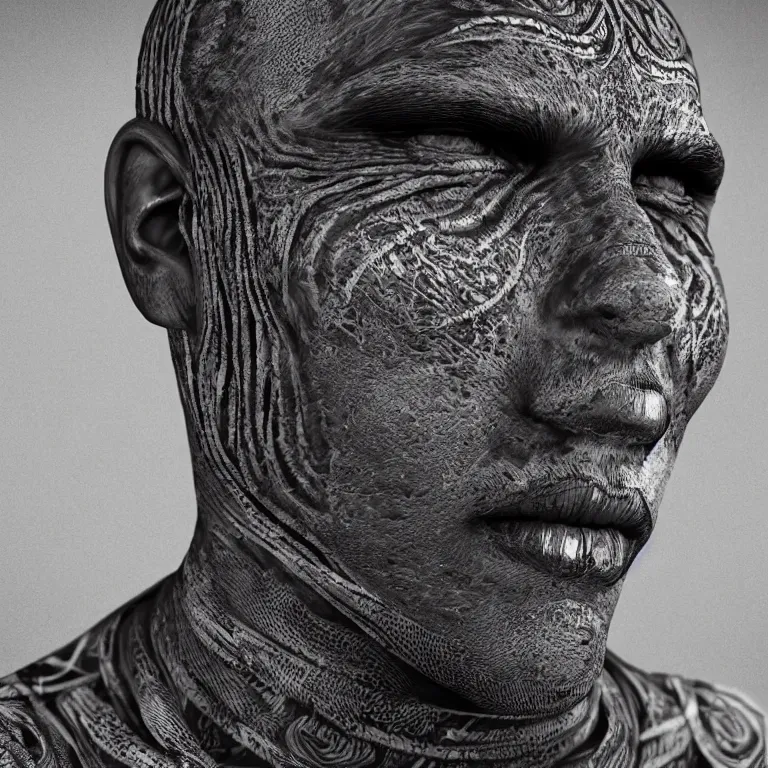 Image similar to surreal spinal ribbed tribal exotic organic face portrait of a beautiful aboriginal man, beautiful detailed intricate insanely detailed BW 3D render digital art, octane render, 8K artistic photography, photorealistic