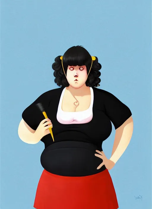 Image similar to full body portrait of teenage betty cooper, obese, bangs, ponytail, sultry, realistic, sultry smirk, ponytail hairstyle, fluffy bangs, curly bangs, skirt, fat, belly, intricate, elegant, highly detailed, digital painting, artstation, concept art, smooth, sharp focus, illustration, art by wlop, mars ravelo and greg rutkowski