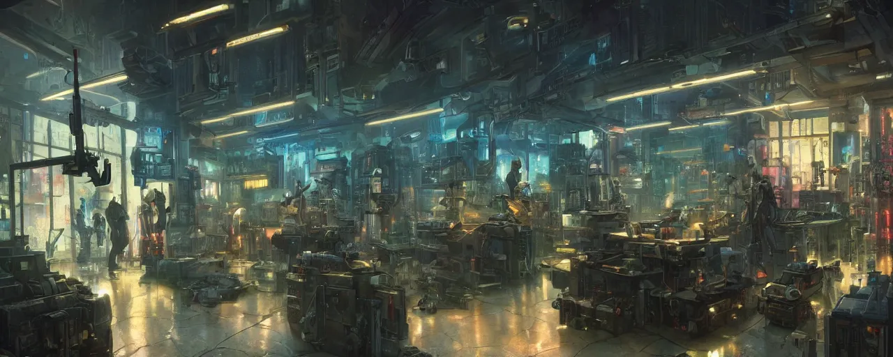 Prompt: Futuristic cyberpunk gun shop. Dystopian. Cinematic lighting. Art by moebius and Thomas Kinkade and Greg Rutkowski.