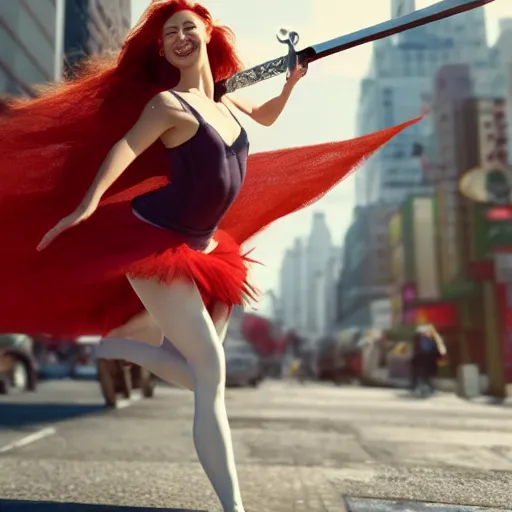Image similar to a girl with a giant smile:: red hair:: pale skin:: wearing ballet clothes:: holding a wide sword:: standing in a busy street:: in New York city:: wide angle:: full body:: long shot:: volumetric lighting:: cinematic:: 8K:: octane render:: trending on artstation:: hyper realistic:: photo realistic:: by gregory crewdson