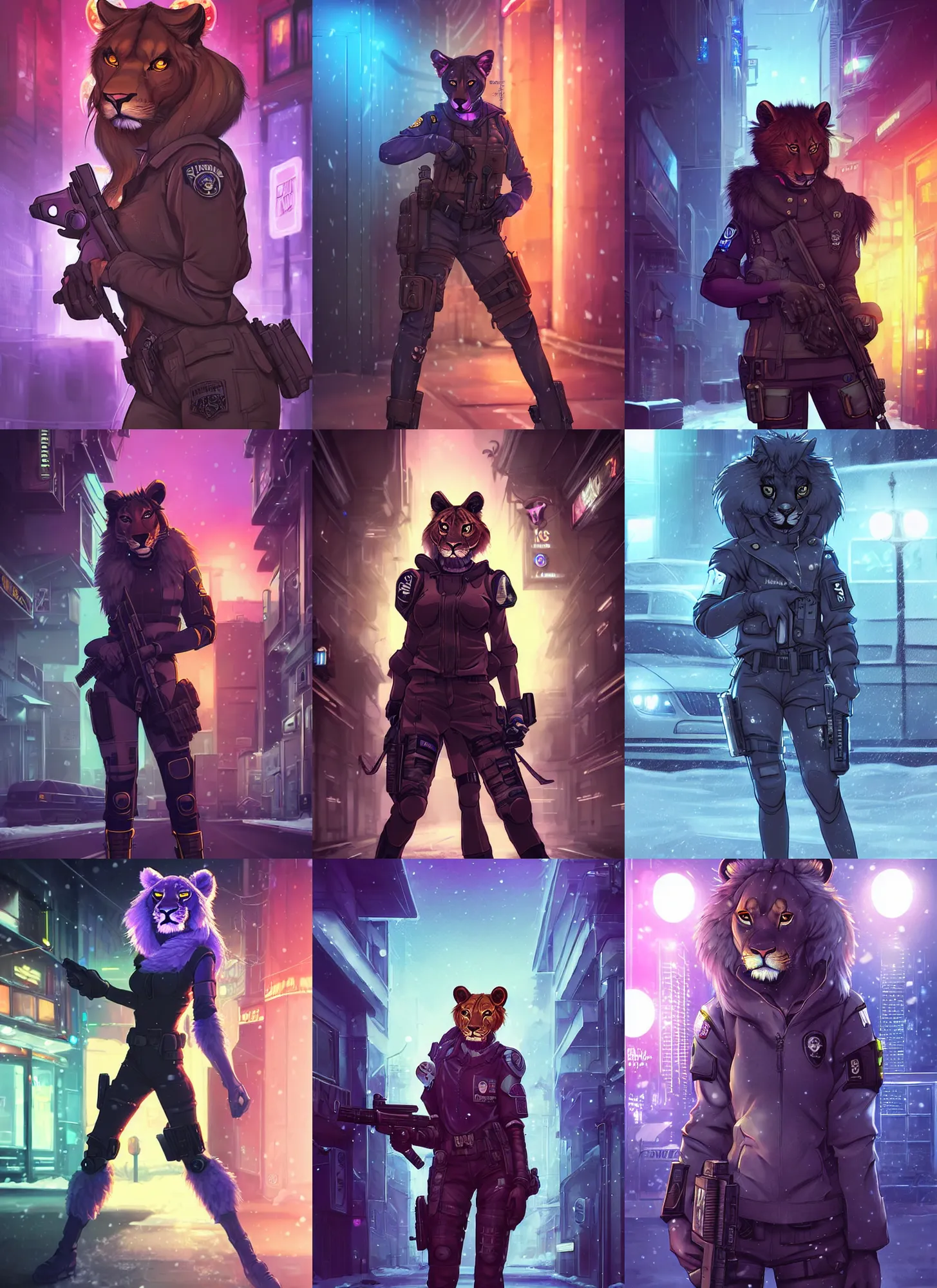 Prompt: beautiful furry art portrait commission of a female furry anthro lioness fursona wearing a tactical swat uniform in the streets of a cyberpunk city at night in the snow. neon light. character design by charlie bowater, ross tran, artgerm, and makoto shinkai, detailed, inked, western comic book art