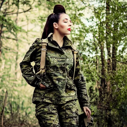 Image similar to attractive woman wearing military outfit and camouflage cinematic photoshoot high quality highly affordable photo realistic 8 k hd