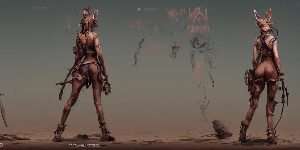 Prompt: wanderer kangaroo girl, character sheet, concept design, contrast, hot toys, kim jung gi, greg rutkowski, zabrocki, karlkka, jayison devadas, trending on artstation, 8 k, ultra wide angle, pincushion lens effect