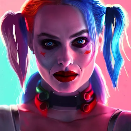 Prompt: Harley Quinn Margot Robbie in a cyberpunk street, concept art, digital art, well detailed, trending on artstation, 8k