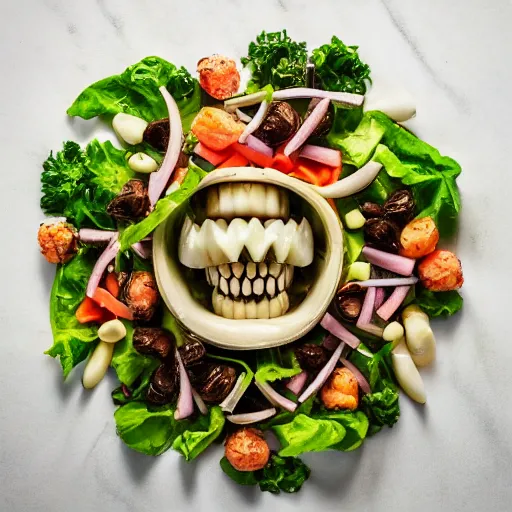 Image similar to food photography of a human teeth salad with lots of human teeth and a pinch of human teeth with a side of human teeth