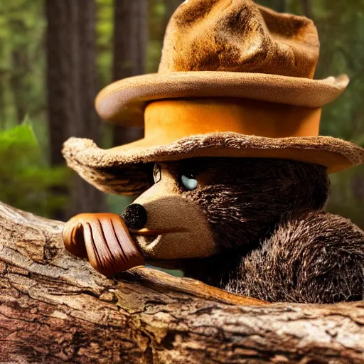 Image similar to UHD canndid photo of Smokey The Bear squatting on a bidet in the woods, by Annie leibowitz, photorealisitc, extremely detailed