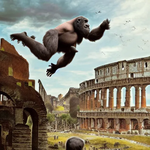 Prompt: a gorilla flying through Ancient Rome, digital art, highly detailed, trending on artstation