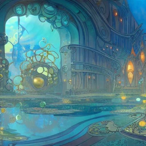 Image similar to a beautiful stunning fantasy whimsical matte digital storybook painting of the underwater city of Atlantis, art nouveau, bubbles splash shells fish details, pastel color palette, by Alphonse Mucha and Tyler Edlin, trending on artstation hq