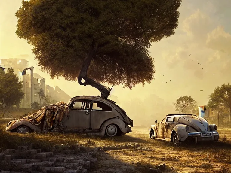 Image similar to a tree growing on a scrap vw beetle in ancient greek ruins, gray wasteland, many scrap cars, overgrown, pillars and arches, vines, hyperrealistic, highly detailed, cinematic, ray of golden sunlight, beautiful, cgsociety, artstation, 8 k, oil painting by greg rutkowski, by artgerm, by wlop