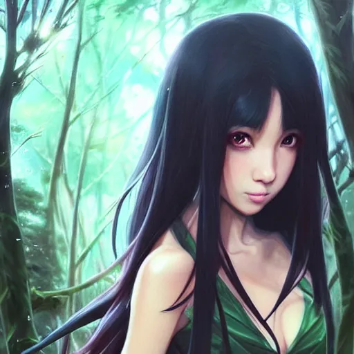 Image similar to a beautiful girl with long dark hair, wearing a ninja uniform, forest background, fantasy, intricate, highly detailed, digital painting, artstation, official media, anime key visual, concept art, rich vivid colors, ambient lighting, sharp focus, illustration, art by Artgerm, Makoto Shinkai, Ilya Kuvshinov, Lois Van Baarle, and Rossdraws