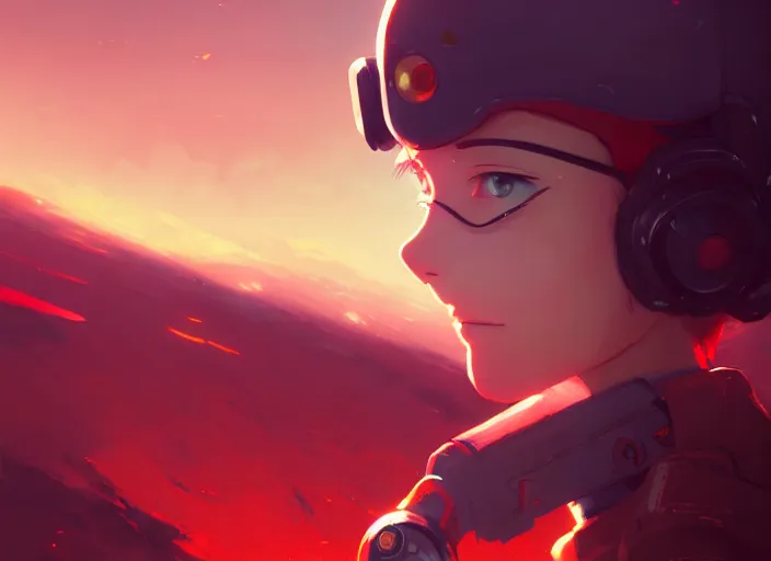 Image similar to portrait of pilot girl, red sky background, chaotic landscape, illustration concept art anime key visual trending pixiv fanbox by wlop and greg rutkowski and makoto shinkai and studio ghibli and kyoto animation, red body suit, military gear, evangelion, grimdark