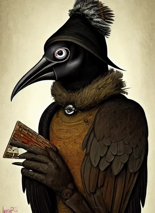 Prompt: rpg! profile!!! portrait of humanoid bird on white background, beak, feathers, plague doctor, surreal, vintage doll, intricate, highly detailed, digital painting, artstation, concept art, smooth, sharp focus, illustration, art by norman rockwell emiliano ponzi andrey remnev yoann lossel aaron jasinski, 8 k