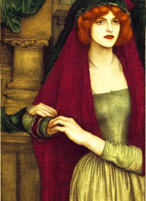 Image similar to portrait of young woman in renaissance dress and renaissance headdress, art by dante gabriel rossetti