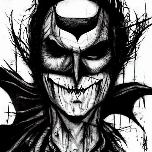 Prompt: grunge drawing of batman by mrrevenge, corpse bride style, horror-themed, detailed, elegant, intricate