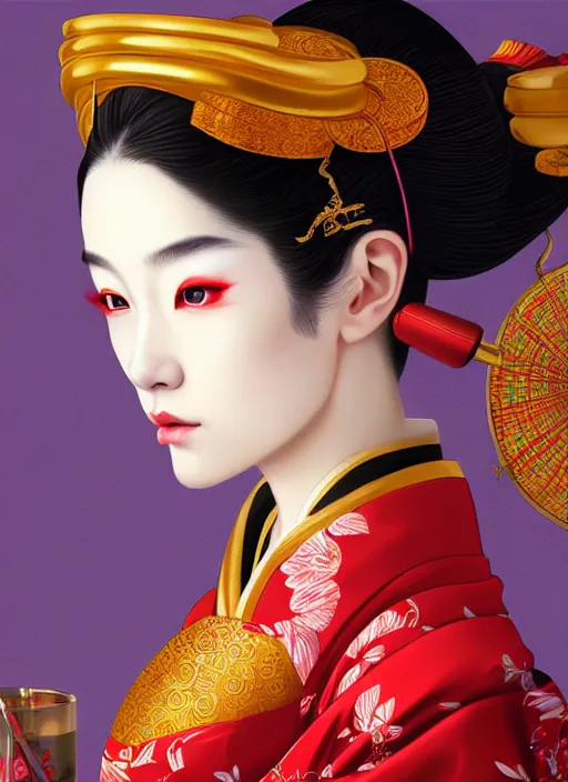 Image similar to dreamlike luxury stunning oiran portrait, red and gold kimono, art by artgerm, wlop, loish, ilya kuvshinov, 8 k realistic, hyperdetailed, beautiful lighting, detailed background, depth of field, symmetrical face, frostbite 3 engine, cryengine,