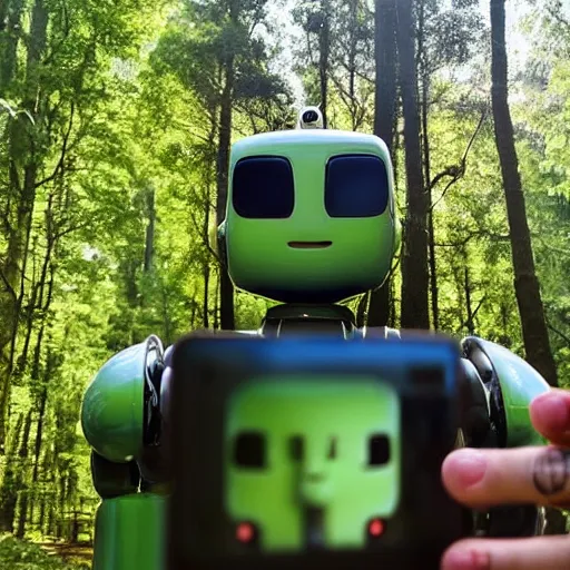 Image similar to A robot taking a selfie in the forest and grinning from ear to ear