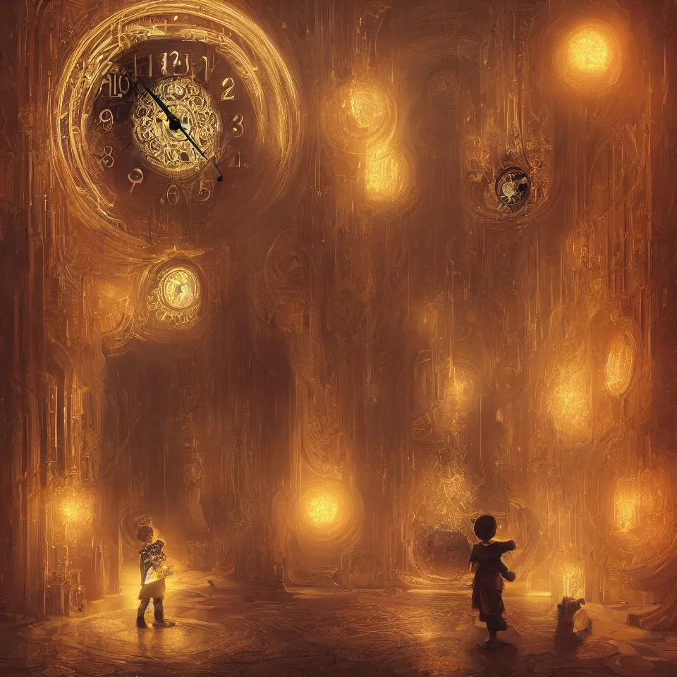 Image similar to a child surrounded by mirror and evil clock, intricate, elegant, glowing lights, highly detailed, digital painting, artstation, concept art, smooth, sharp focus, illustration, bruce pennington, 8 k, very high resolution, processing, extremely hyperdetailed