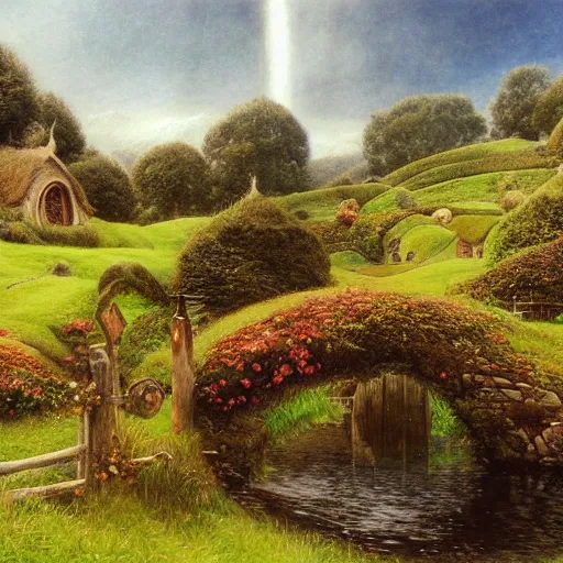 Image similar to beautiful serene hobbiton, by alan lee, lord of the rings, smooth, detailed terrain, oil painting, matte painting, concept art, trending on artstation