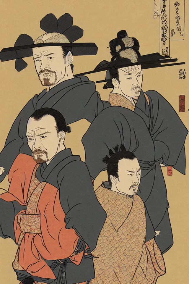 Image similar to a portrait of walter white and jesse pinkman in samurai armor, in the art style of ukiyo - e, sengoku - era art style, artistic 4 k