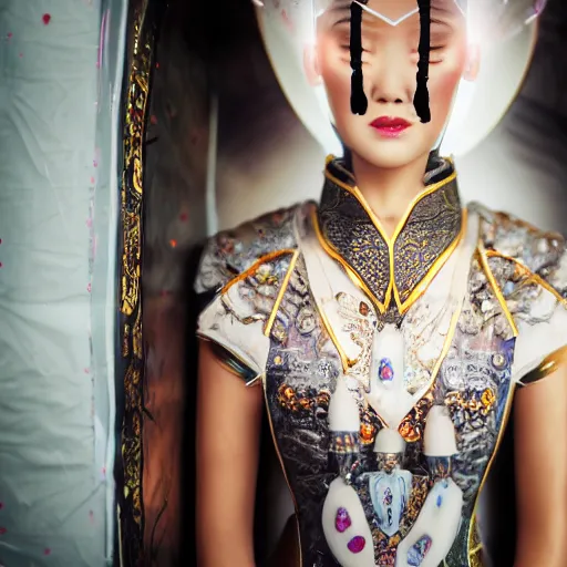 Image similar to closeup photo of beautiful realistic Chinese ancient princess standing in the corridor in the space ship, attractive symmetrical face, big eyes and lips, subtle makeup, clean face and body skin,ecstatic face expression, ornamental jewelry and ancient translucent clothes, futuristic space ship interrior, wires with lights,depth of field, lens flare, moody lighting, moody photography, old photo, black and white, sepia, cinematic lighting, cinematic angle, editorial photography