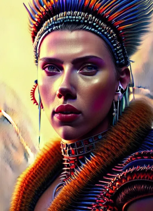 Image similar to portrait of scarlett johansson, hyper detailed ultra sharp aztec shaman warrior. trending on artstation, warpaint aesthetic, bloodwave, colorful, psychedelic, ornate, intricate, digital painting, concept art, smooth, sharp focus, illustration, art by artgerm and greg rutkowski and h. r. giger, 8 k