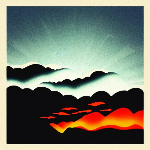 Image similar to silhouette of mountains made of light!!! bright cloudy sky, overexposed retro science fiction vintage art