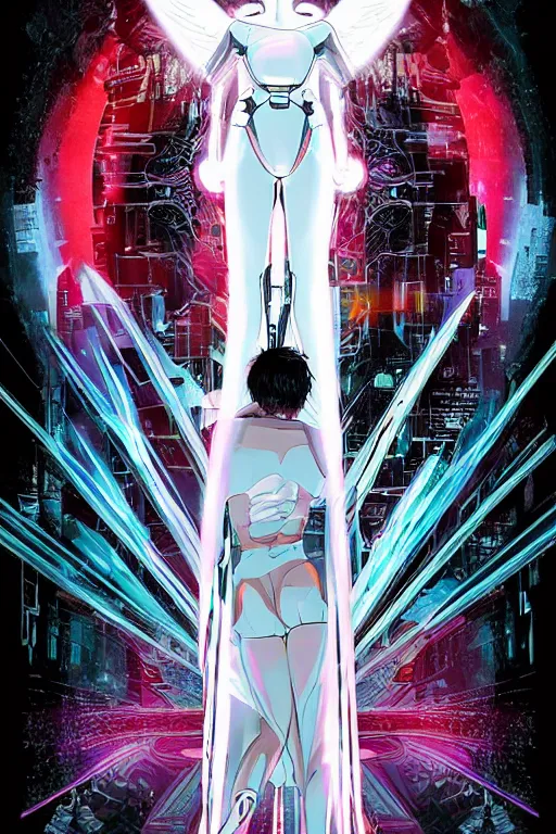 Image similar to white arc-angel with mystic robotic wings, blade runner, akira, ghost in the shell, 2077, style of Laurie Greasley and Satoshi Kon + symmetric lights and smoke, psychedelic effects , glowing particles, neon rain, glowing runes, de-noise, symmetrical composition, high detailed + tarot card, ornate border, 8k