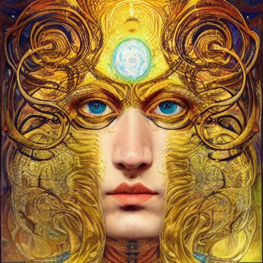 Image similar to a beautiful visionary portrait of Divine Chaos Engine by Karol Bak, Jean Deville, Gustav Klimt, and Vincent Van Gogh, sacred geometry, mystic, otherworldly, fractal structures, ornate gilded medieval icon, third eye, spirals