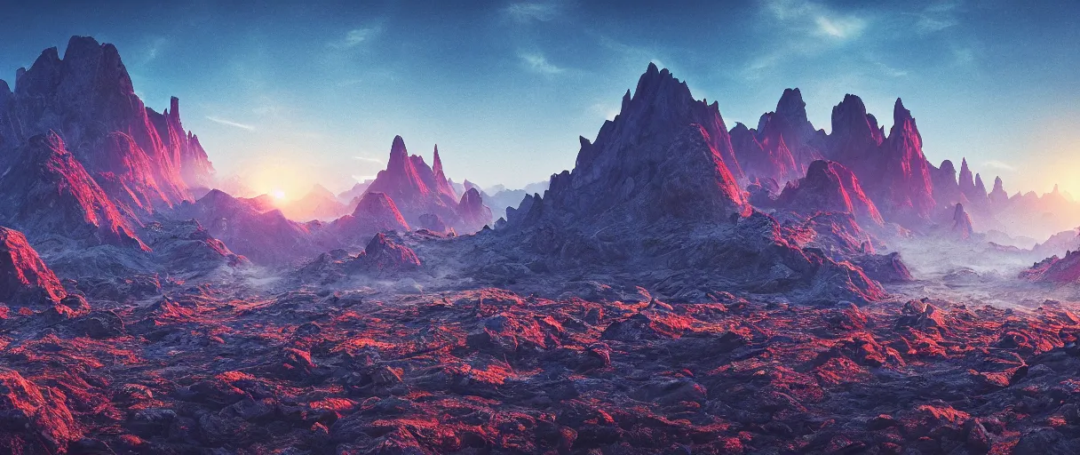 Image similar to alien landscape, epic mountains, chrome, neon, cobalt, sunset, misty, strange plants, 4 k, photoshop, photorealistic