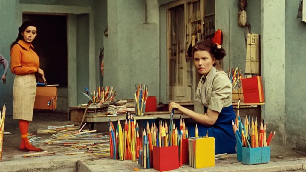 Image similar to a women selling pencils, film still from the movie directed by wes anderson with art direction by dali wide lens