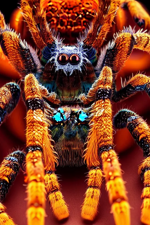 Image similar to high quality close-up photo rococo holographic tarantula! jewelled gorgeous! highly detailed david ligare elson peter cinematic orange neon lighting high quality low angle hd 8k sharp shallow depth of field