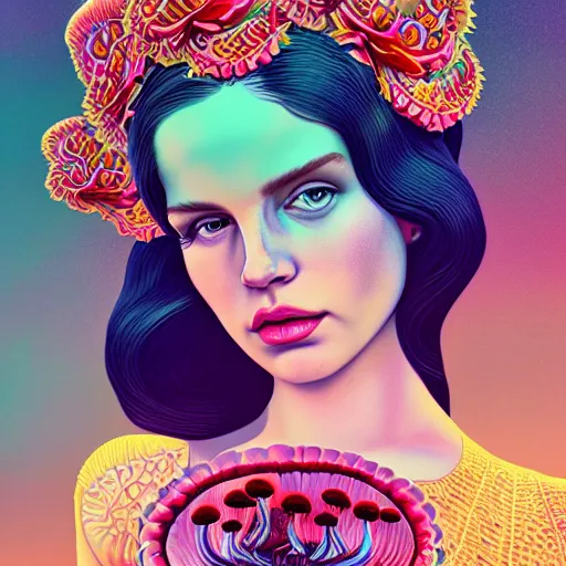 Image similar to pretty lana del rey with hallucination mushroom : : by martine johanna and simon stalenhag and chie yoshii and casey weldon and wlop : : ornate, dynamic, particulate, rich colors, intricate, elegant, highly detailed, vogue, harper's bazaar art, fashion magazine, smooth, sharp focus, 8 k, octane render,