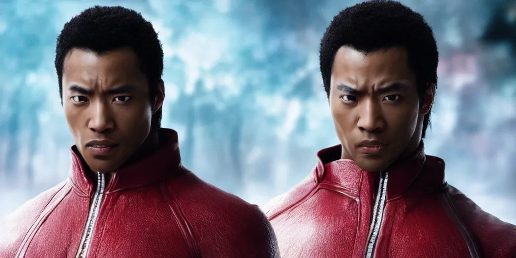 Image similar to a film still of a black man starring in a japanese blockbuster film as jin kazama from tekken, shallow depth of field, cinematic, award winning cgi, vfx, film still