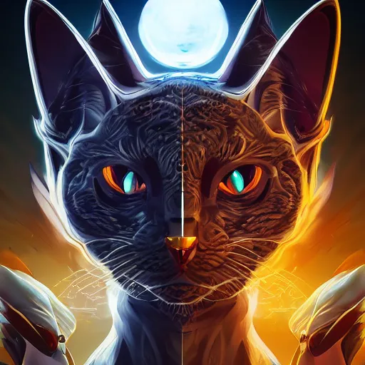 Image similar to an end of the universe will become a beginning for a new world of cyber cats, artstation hq, dark phantasy, stylized, symmetry, modeled lighting, detailed, expressive, retro futurism