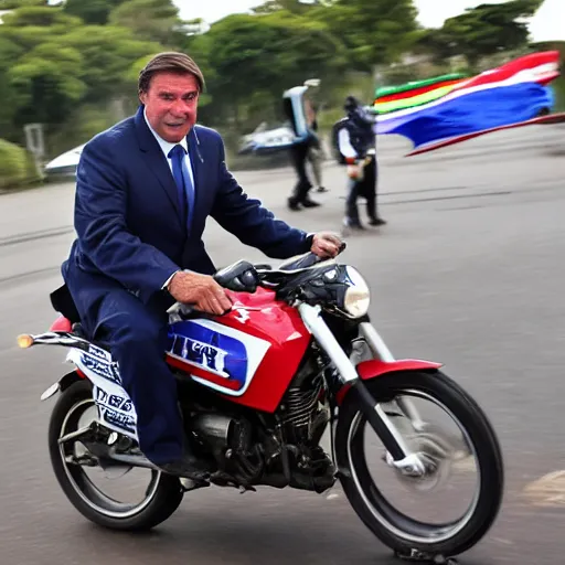 Image similar to chad president jair messias bolsonaro, riding a motorcicle with explosions on the background