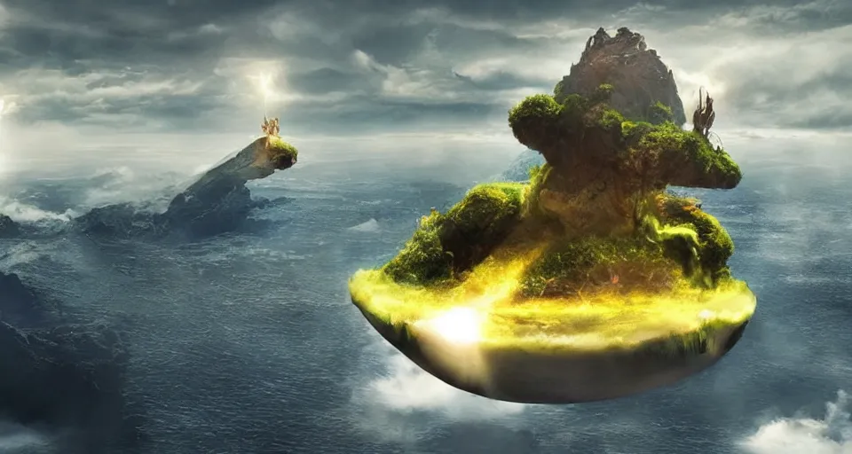 Image similar to A magnificent floating island in the sky above the sea, defying gravity, floating and flying island, epic lighting, epic composition, highly detailed