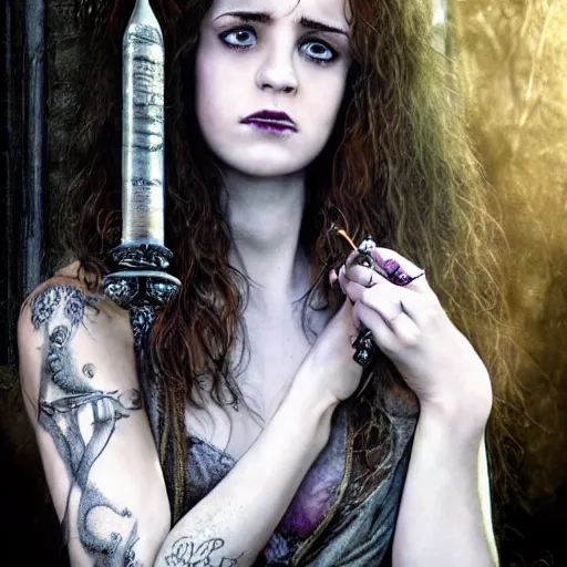 Image similar to Hermione in tattoos conjuring with a magic wand, by luis royo art, dressed beautiful gown, beautiful eyes, Beautiful face, by Aggi Erguna, high detail, high resolution, art from harry potter, by David Lazar and Annie Leibovitz 500px photos, top cinematic lighting ,