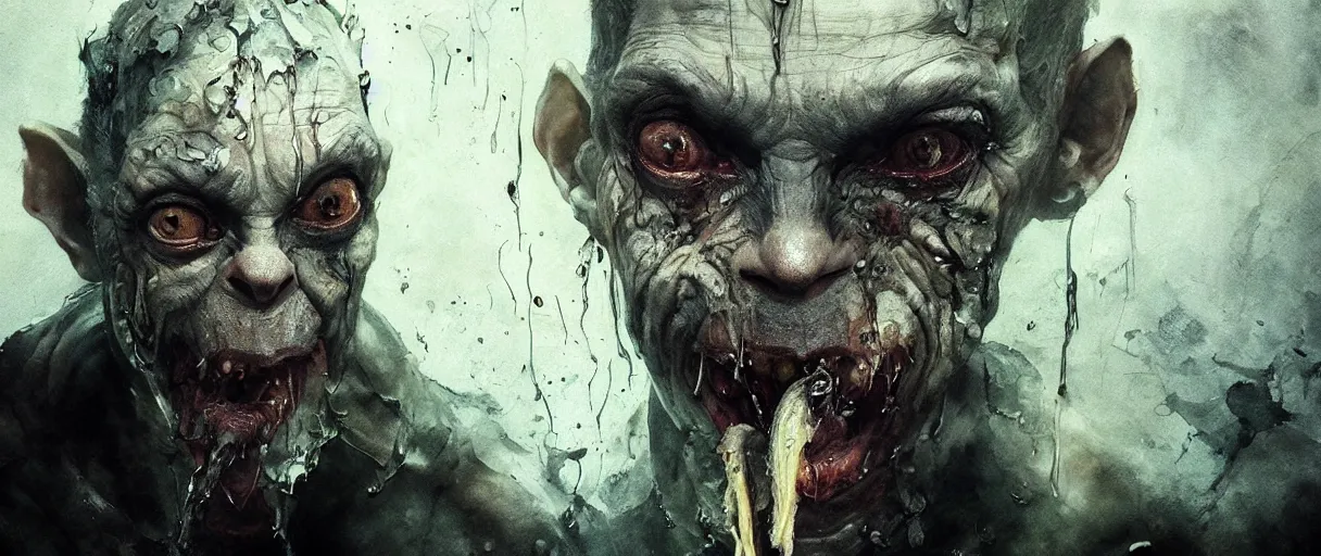 Image similar to portrait of gollum eating fish from witcher 3 by emil melmoth zdzislaw beksinki craig mullins yoji shinkawa realistic render ominous detailed photo atmospheric by jeremy mann francis bacon and agnes cecile ink drips paint smears digital glitches glitchart