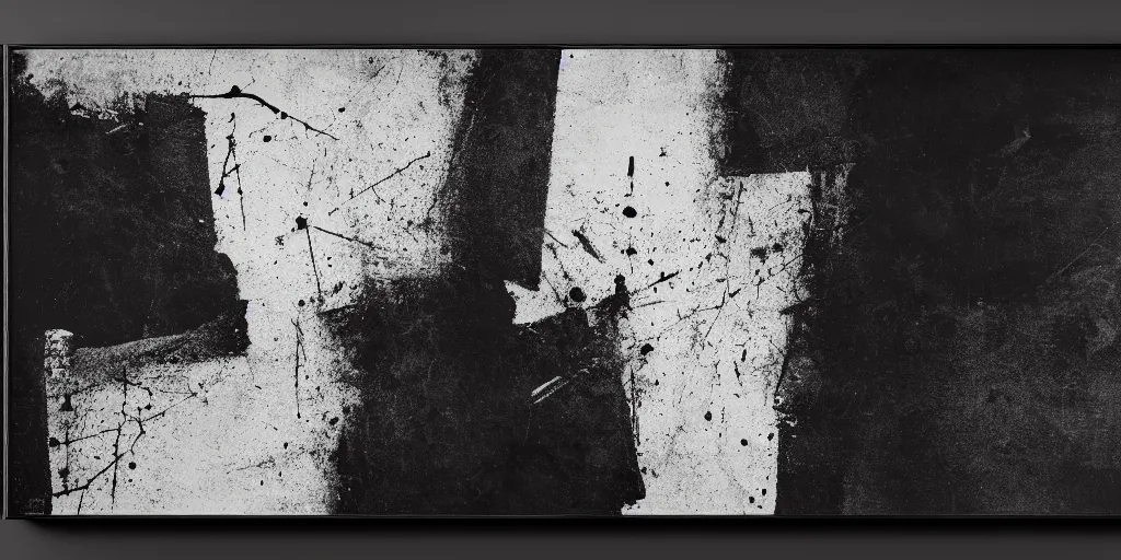 Prompt: a photo of square canvas mounted on a black wall, grunge, messy, ruined