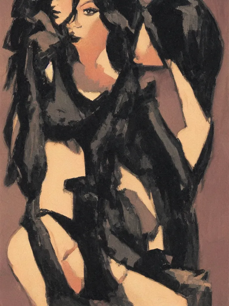 Image similar to portrait profile of one mysterious dark beautiful women in 1 9 7 8, oil painting by john watkiss