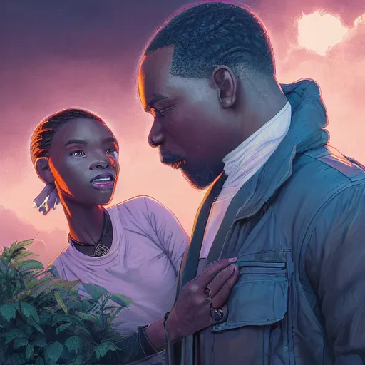 Prompt: highly detailed portrait of a black couple on the rooftop, synthwave city, stephen bliss, unreal engine, fantasy art by greg rutkowski, loish, rhads, ferdinand knab, makoto shinkai and lois van baarle, ilya kuvshinov, rossdraws, tom bagshaw, global illumination, radiant light, detailed and intricate environment