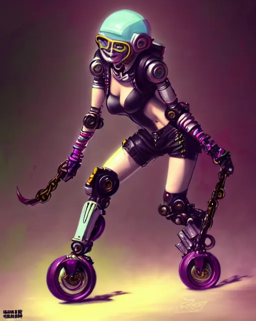 Image similar to roller derby riot grrl robots, japanese gothic, punk grunge, concept art, expressive, highly detailed, digital painting, cinematic lighting, hyperrealism, dark retrowave, art by stanley lau and artgerm and magali villeneuve and alphonse mucha, artstation, octane render, cgsociety