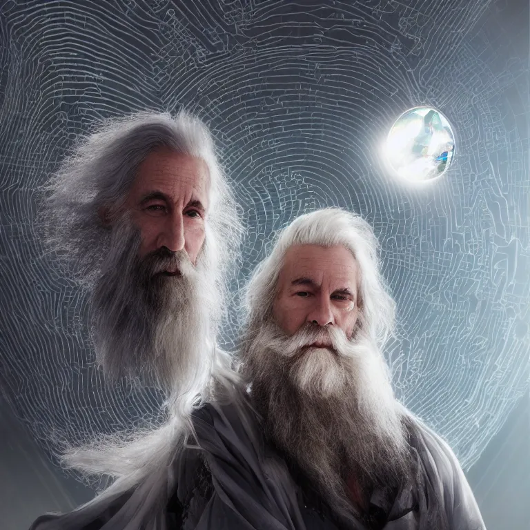 Prompt: high fashion photoshoot octane render portrait by wayne barlow and carlo crivelli and glenn fabry, a distinguished sci - fi futuristic handsome wizard with a long white beard wearing a clear plastic iridescent wizard robes and holding a magical adorable critter while standing inside a glowing ball of plasma energy inside a futuristic fantasy tower, very short depth of field, bokeh