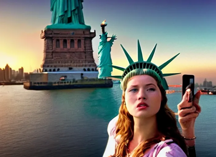 Image similar to statue of liberty taking a selfie, instagram filter, movie still from the movie clueless, 8 k, realistic